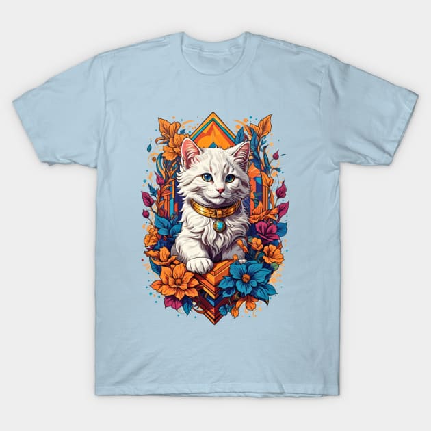 White Kitten art deco retro vintage fusion design T-Shirt by Neon City Bazaar